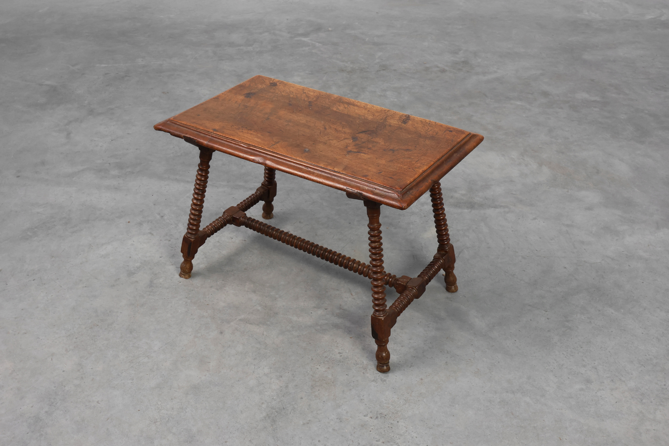 Antique Oak Side Table with Turned Legs and Stretcher Base, Spain, 17th Centurythumbnail
